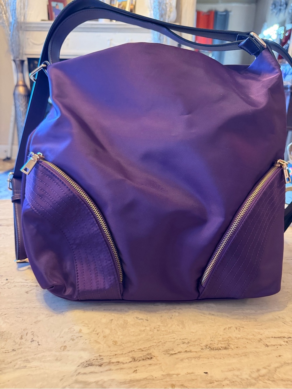 Purple Shoulder Bag with Gold Zipper Accents
